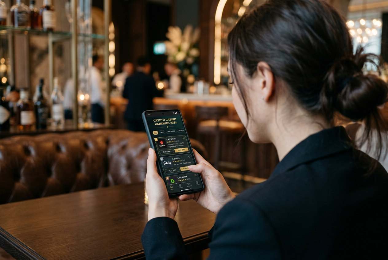 Osoba przeglądająca ranking krypto kasyn na nowoczesnym smartfonie